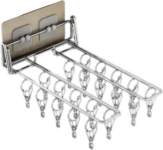 Wall Mounted Sock Clip Stainless Steel Folding Clothes Hanger Rack Space Saving Windproof Drying Rack Balcony Storage