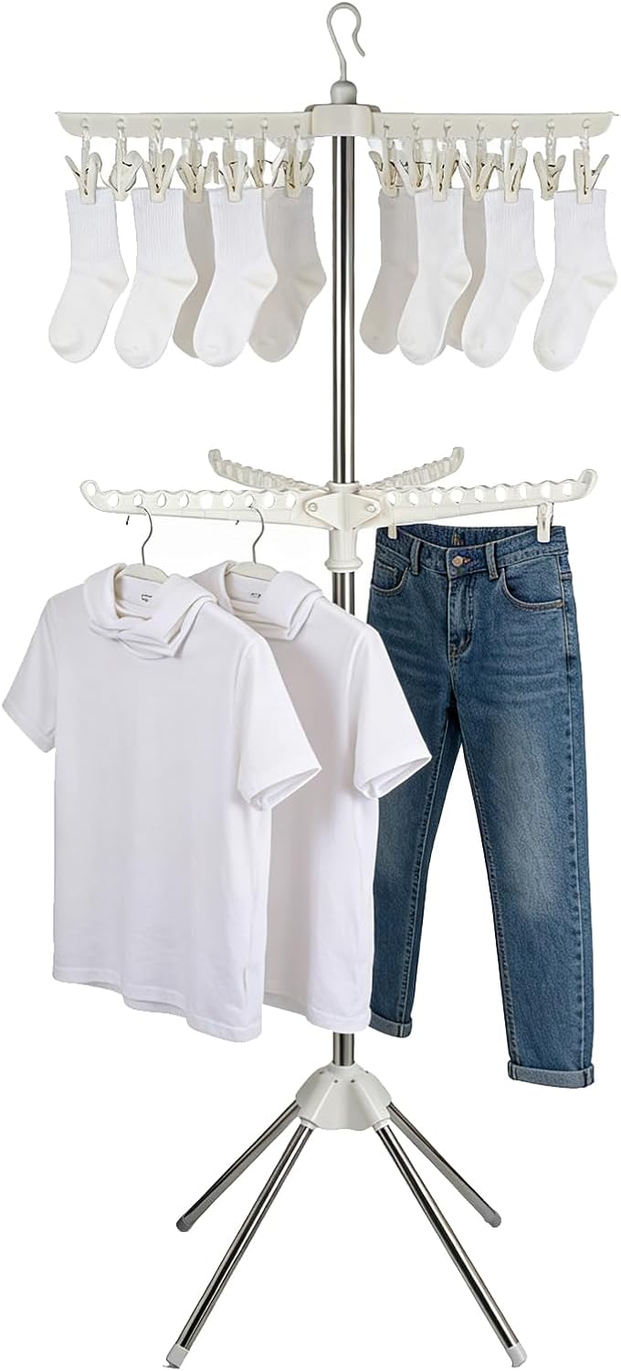 Clothes Drying Rack, 68.9 Inch 2-TierFolding Laundry Drying Rack with 3 Rotatable Arms for Hangers & Clips Stainless Steel Indoor Clothes Airer Space Saving Foldable Clothes Drying Rack for Balcony