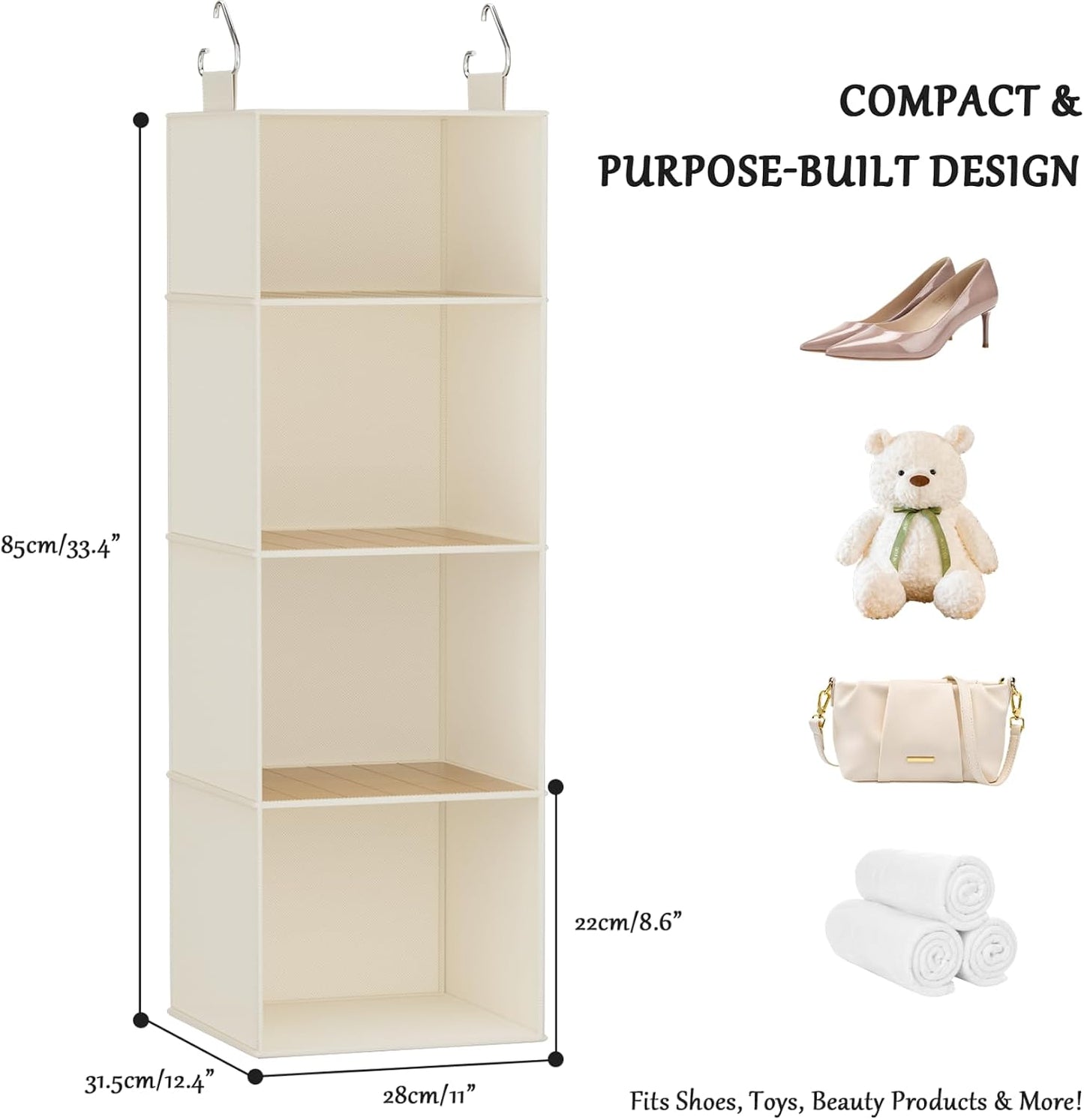 Hanging Shoe Organizer for Closet with 8 Shelves,Mesh Pockets-Wider Hanging Shelves for Shoes,Clothes,Hats with Sturdy Bamboo-Supported Design (Beige)