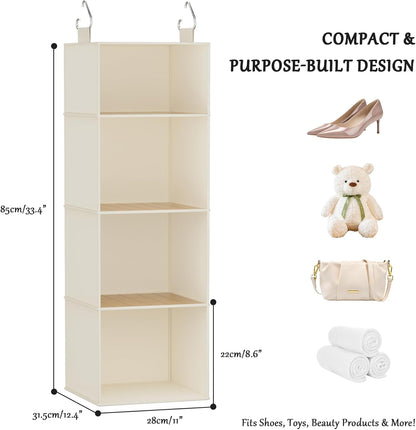 Hanging Shoe Organizer for Closet with 8 Shelves,Mesh Pockets-Wider Hanging Shelves for Shoes,Clothes,Hats with Sturdy Bamboo-Supported Design (Beige)