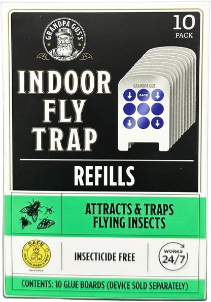 Grandpa Gus’s Indoor Fly Trap Plug-In - UV Light Insect Catcher for Flies, Gnats, Fruit Flies, Mosquitoes & Moths - No Insecticides, Sticky Glue Trap for Kitchen, Garage, Includes 3 Refill Glue Boards