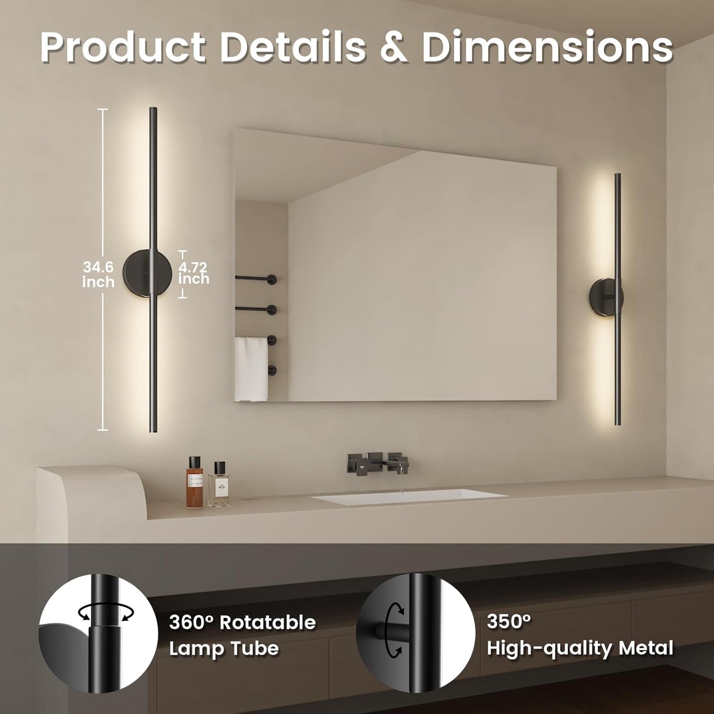 JOFIOS Battery Operated Wall Sconces Set of 2, 360°Rotation Wireless Rechargeable Wall Lights: Dimmable Detachable Wall Lamp with Remote Control, 3000K-6000K Infinite Dimming Wall Sconce 27.6 Inch