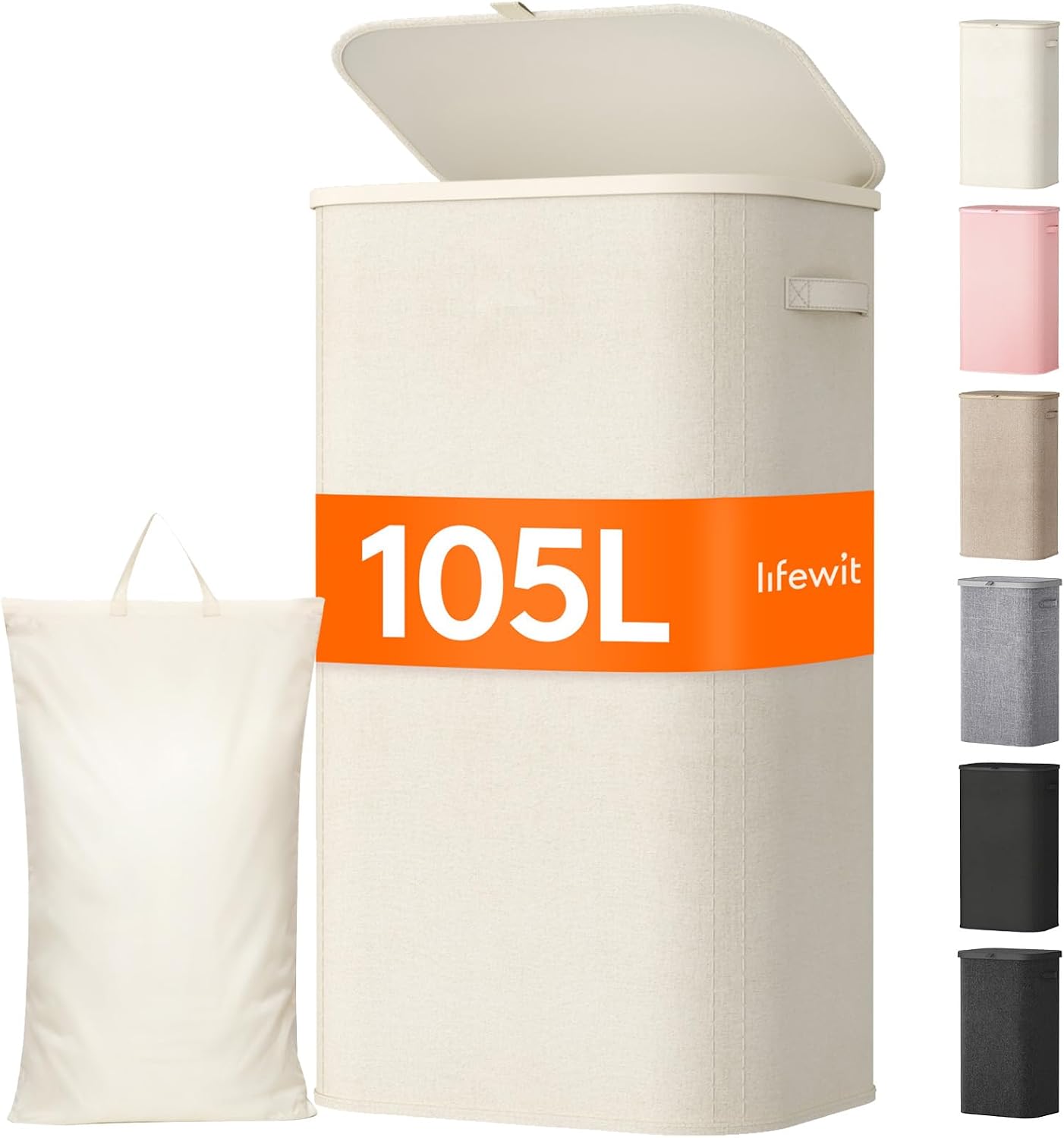 Lifewit 165L Large Laundry Basket with Lid, Laundry Hamper with Plastic Handles and Removable Bag, Foldable Tall Dirty Clothes Hampers for Laundry for Laundry Room, Bedroom, Bathroom, Dorm, Beige
