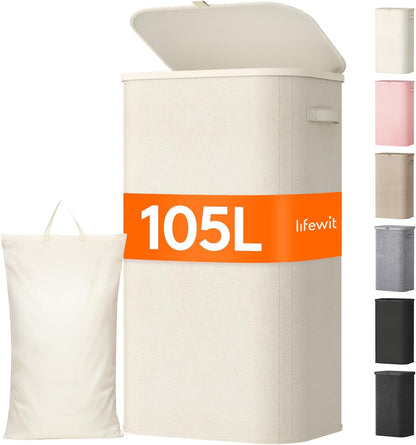 Lifewit 165L Large Laundry Basket with Lid, Laundry Hamper with Plastic Handles and Removable Bag, Foldable Tall Dirty Clothes Hampers for Laundry for Laundry Room, Bedroom, Bathroom, Dorm, Beige