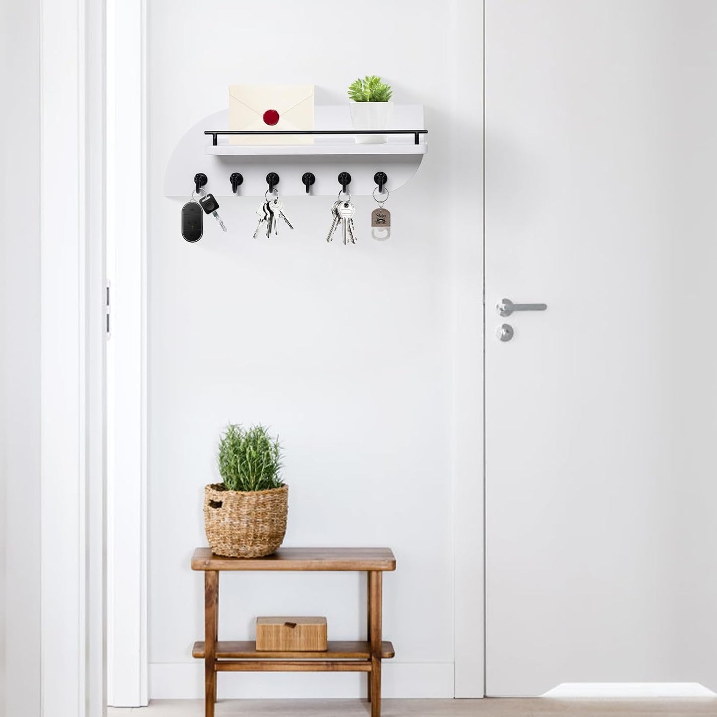 Key Holder for Wall, Decorative Key and Mail Organizer with 6 Sturdy Metal Hooks and Floating Shelf, 14 Inches Wood Wall Mounted Key Rack for Entryway, White and Gold