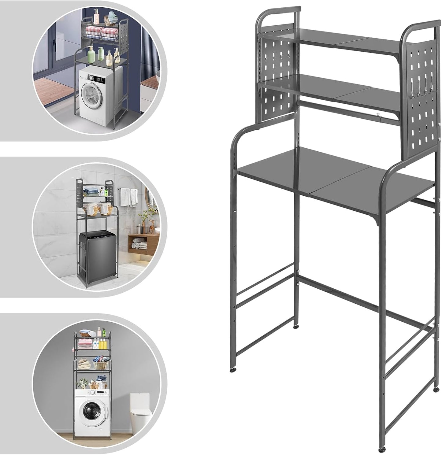 Over The Washer and Dryer Storage Shelf with Adjustable Shelf, 3 Tiers Expandable Over Toilet Storage Rack with Hooks Laundry Organizer Standing Shelf Gray for Laundry Room Bathroom