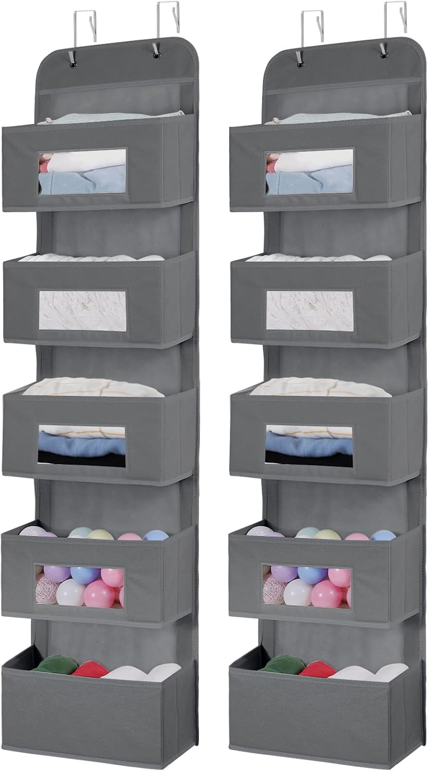MAX Houser 4-Shelf Over The Door Hanging Organizer with 2 Metal Hooks, Gray | 4 Pocket Swing-proof Behind Door Organizers with Clear Windows for Bathroom Closet, Dorm