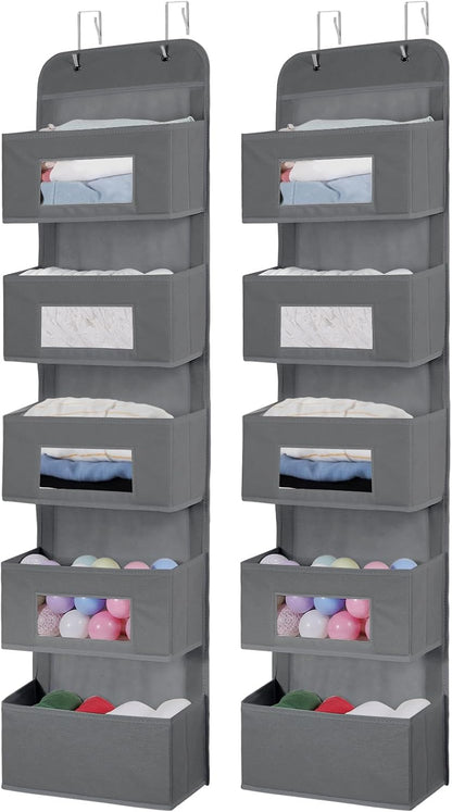 MAX Houser 4-Shelf Over The Door Hanging Organizer with 2 Metal Hooks, Gray | 4 Pocket Swing-proof Behind Door Organizers with Clear Windows for Bathroom Closet, Dorm