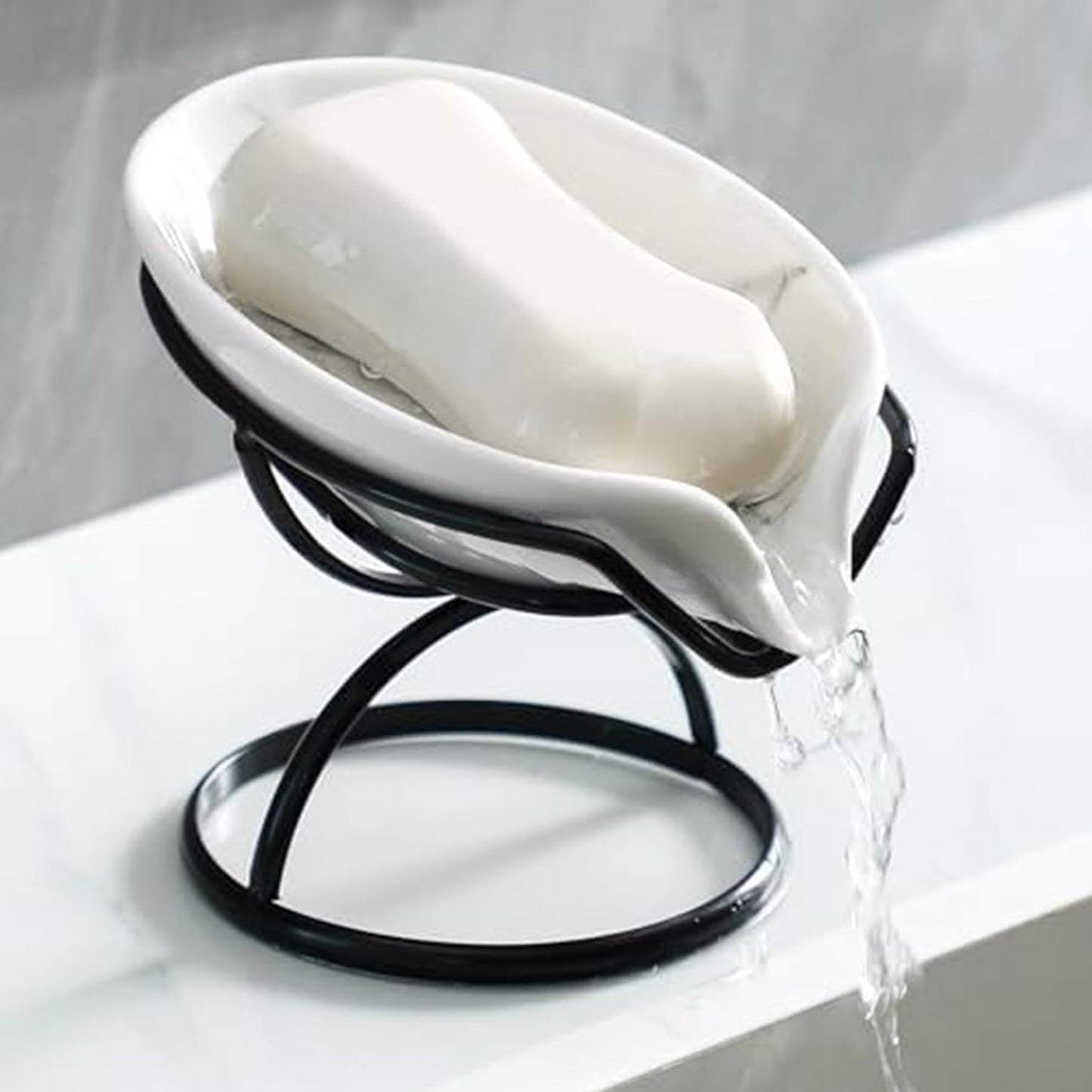 Dobbyby Leaf-Shaped Soap Dish – Premium Ceramic Soap Bar Holder with Self-Drainage System – Bar Soap Holder for Shower, Bathroom Sink, Kitchen – Waterfall Soap Dish with Stainless Steel Stand (SLIVER)