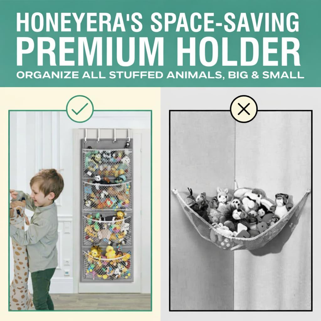 Honeyera The Original Stuffed Animal Storage (Patented) - Over Door Organizer for Stuffies, Baby Ideas Holder, Toy Plush Hammock Hanging Net Big Girls Toddler Large Bag Animals Stuffy Behind