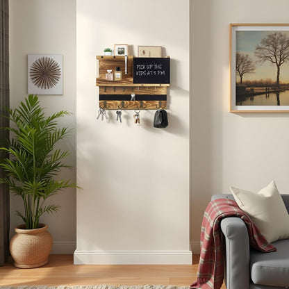 Key Holder for Wall Mount with Shelf and Mail Organizer, Key and Mail Holder with 16 Hooks, Farmhouse Entryway Organizer, Home Decor Rack (Pine Wood, Black)