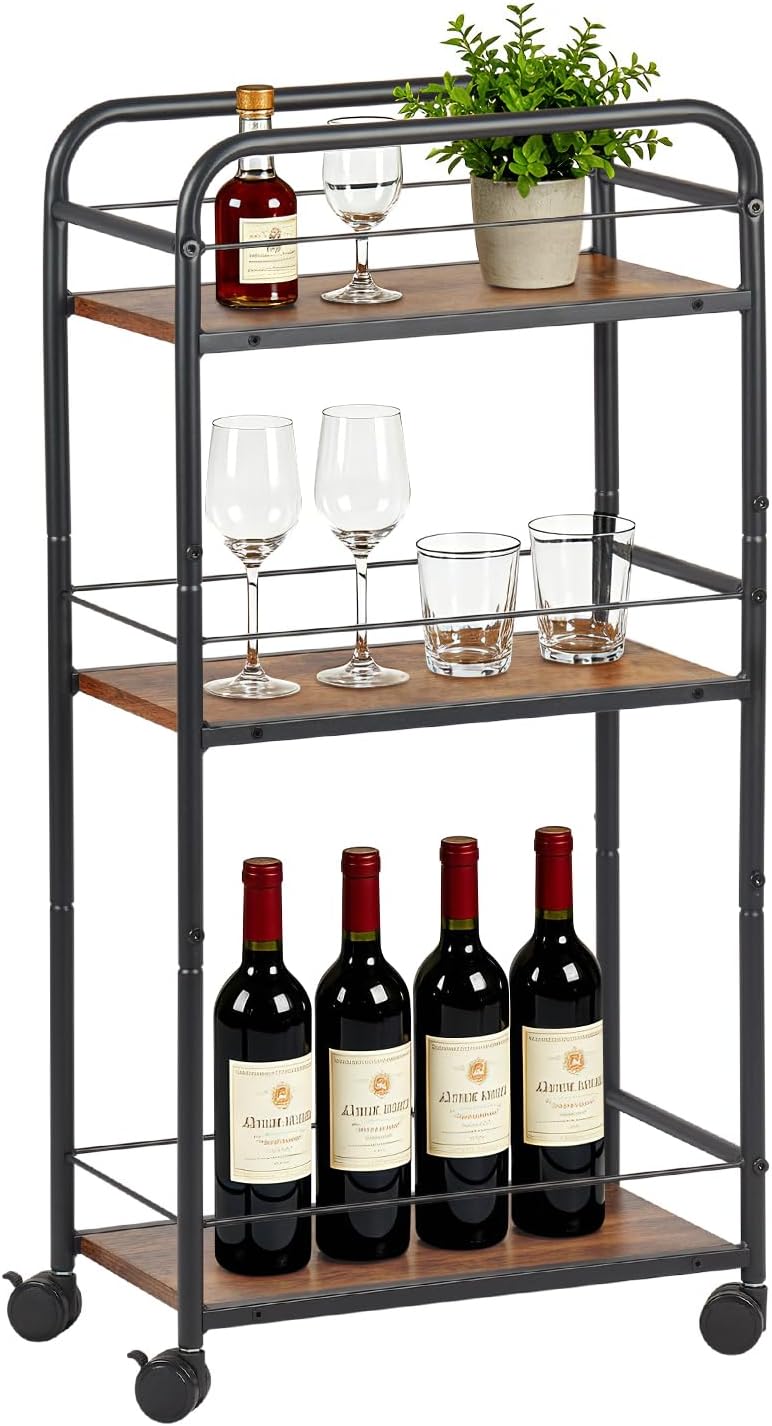 FUSLITE Small Bar Cart for Small Spaces, 3-Tier Slim Rolling Kitchen Cart on Wheels, Narrow Cart with Protective Fence, Industrial Mini Coffee Station for Home,Living Room,Bathroom, Rustic Brown