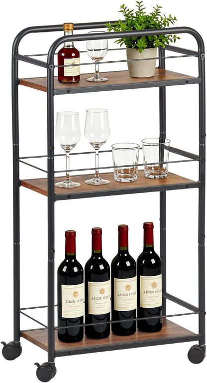 FUSLITE Small Bar Cart for Small Spaces, 3-Tier Slim Rolling Kitchen Cart on Wheels, Narrow Cart with Protective Fence, Industrial Mini Coffee Station for Home,Living Room,Bathroom, Rustic Brown