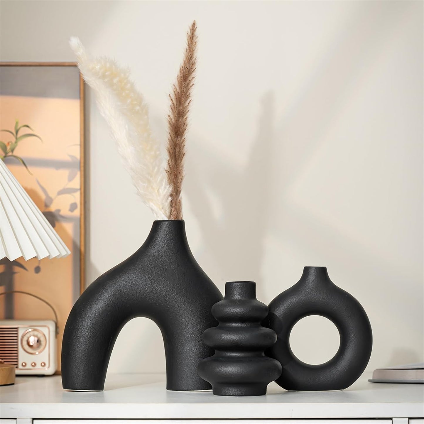 White Ceramic Vases Set of 3, Minimalist Nordic Modern Style, Round Donut Vase for Dried Flowers, Pampas Grass & Fresh Blooms,Boho Home Decor for Table Shelf Living Room Office (White)