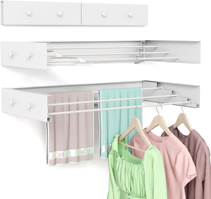 Wall Mounted Drying Rack 23.6'', Foldable Laundry Drying Rack Wall Mount with 4 Towel Hooks and 4 Rods, Space Saving Drying Rack Clothing for Indoor Outdoor Bathroom Balcony (White, 23.6'')