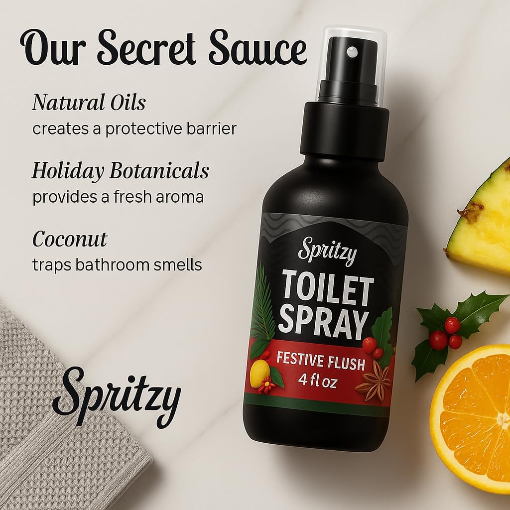 Toilet Spray (4 fl oz) | 600+ Sprays | Poo Spray w/Many Scents – Restroom & Bathroom Odor Eliminator – Essentials for a Fresh, Confident Bathroom (Festive Flush)