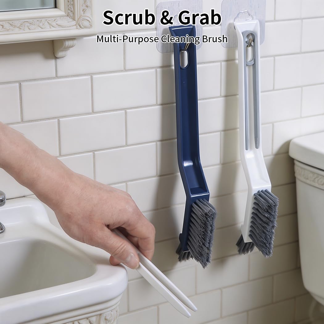 3-in-1 Grout Brush and Crevice Cleaner,with V-Shaped Bristles & Hair Clip-Multi-Surface Gap Cleaning Tool for Bathroom Tiles,Kitchen,Window Tracks,and Narrow Corners (White)