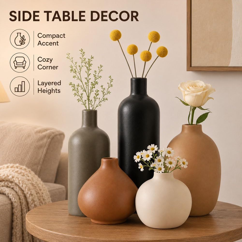 Ceramic Vase Set of 4, Modern Vases Home Decor, Neutral Decorative Vase for Bouquet Pampas Grass Dried Fresh Flowers, Small Vase for Living Room, Kitchen, Bedroom, Bathroom, Entryway Mantel, Decor