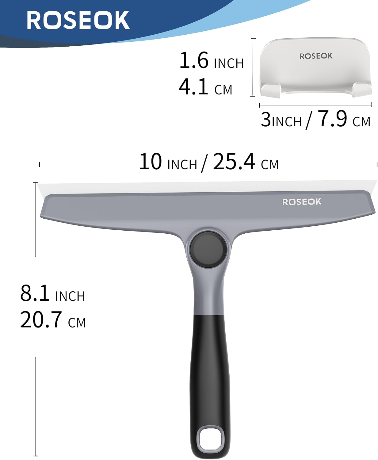 ROSEOK Shower Squeegee, Silicone Squeegee for Glass Doors with Hook | For Bathroom, Window, Mirror, Tile Wall, Pivoting Head, 10 Inch, Navy Blue, 1 Pack