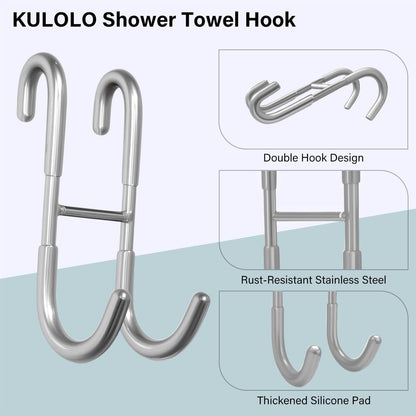 Shower Door Hooks for Towels & Squeegee - No Drill Bathroom Hooks for Frameless Glass Door, Shiny Silver Stainless Steel with Anti-Slip Rubber (2 Pack)