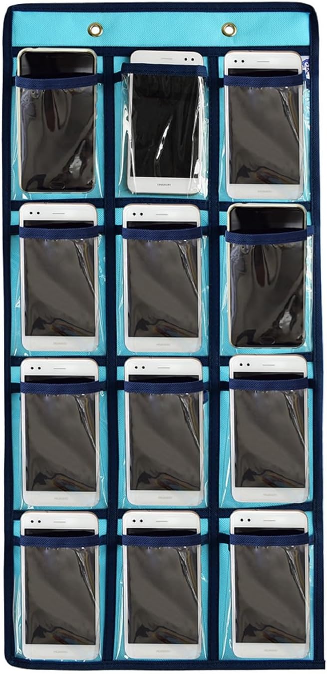 Classroom Pocket Chart For Cell Phones Calculators Over The Door Hanging Closet Underwear Sock Jewelry Organizer Holder 12 Clear Pockets (PURPLE)