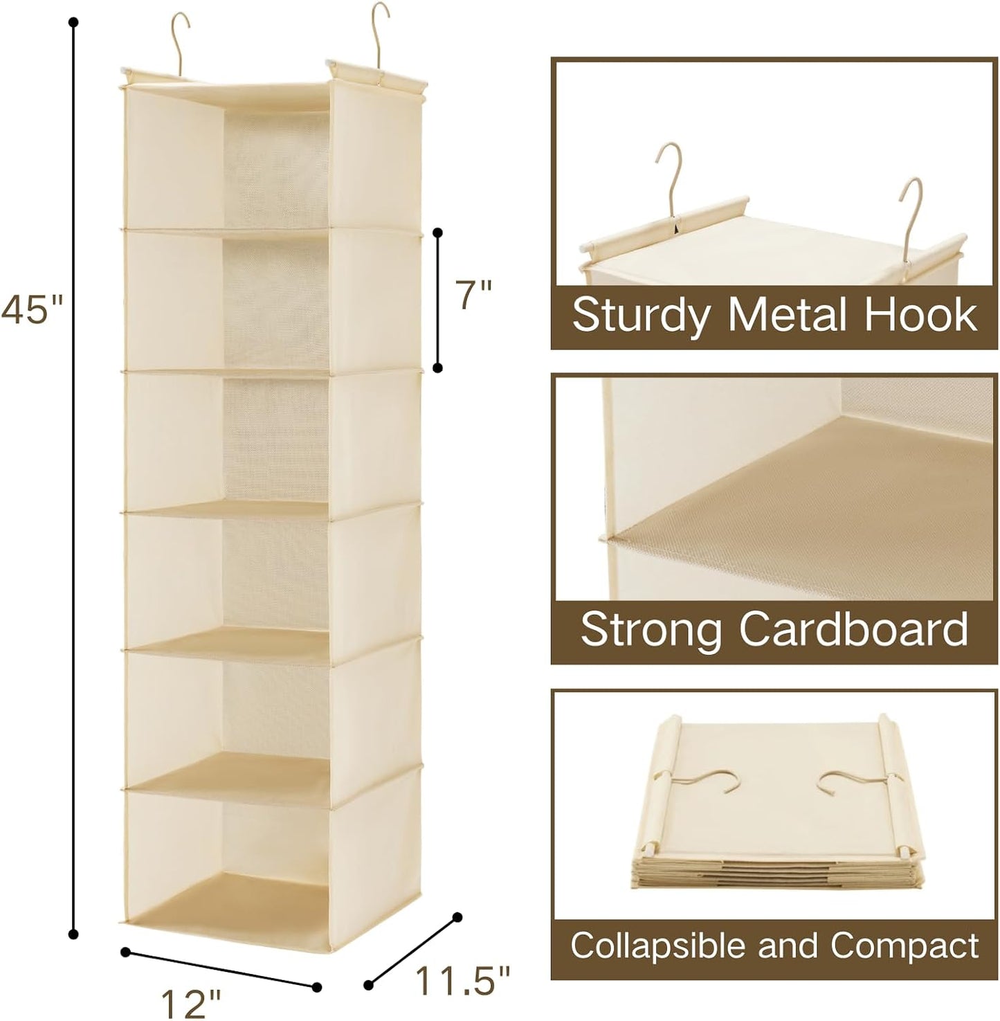 MAX Houser 6 Tier Shelf Hanging Closet Organizer, Closet Hanging Shelf with 2 Sturdy Hooks for Storage, Foldable (Grey)