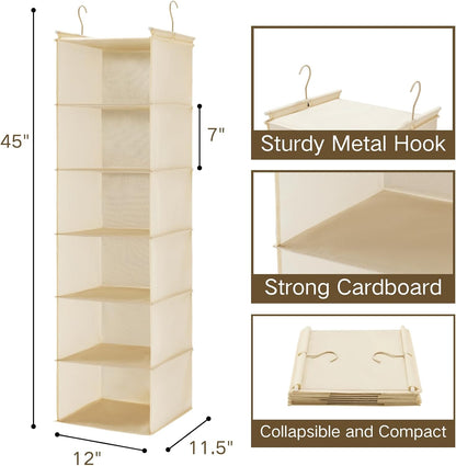MAX Houser 6 Tier Shelf Hanging Closet Organizer, Closet Hanging Shelf with 2 Sturdy Hooks for Storage, Foldable (Grey)