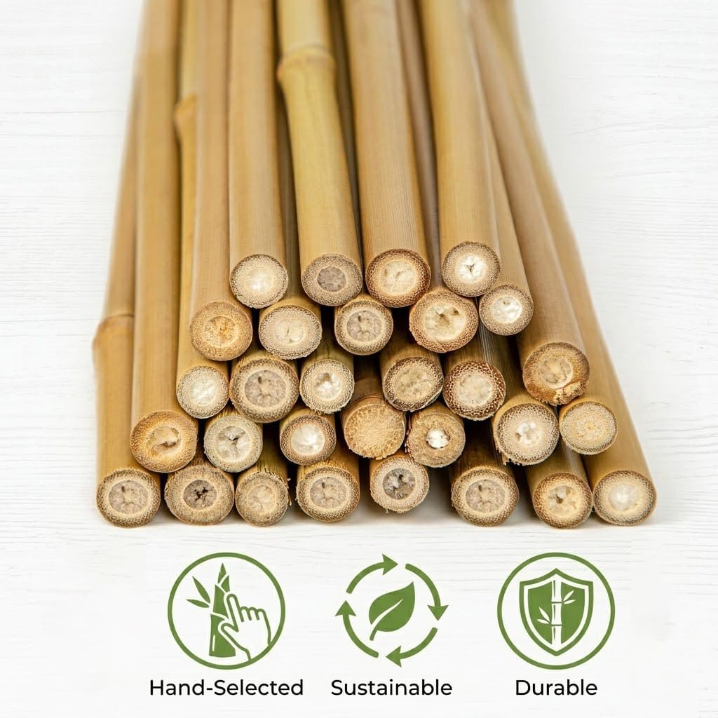 Plant Stakes Natural Bamboo Sticks - 30 Pcs Bamboo Garden Stakes for Plants 4.8 FT Plant Support Sticks with Twist Ties for Tomatoes Beans Flowers Indoor Outdoor Potted Climbing Plants