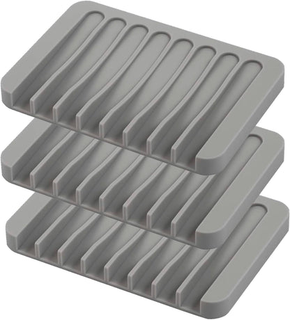 Self Draining Soap Dishes, 3 Pcs Silicone Soap Saver, Waterfall Drainer Soap Holder for Bathroom, Extend Soap Life, Keep Soap Bars Dry Clean & Easy Cleaning (White, Gray, Teal)