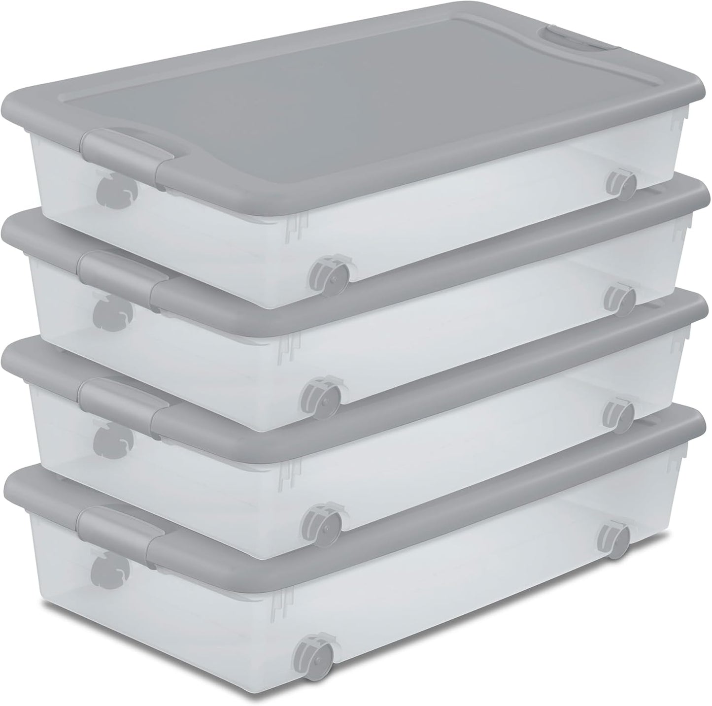Sterilite 4-Pack 56 Quart Wheeled Latching Box, Underbed Plastic Storage Organizer, Silver - Under Bed Rolling Container Bin with Lid and Wheels for Home or Dorm Bedrooms and Closets