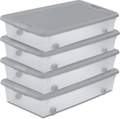 Sterilite 4-Pack 56 Quart Wheeled Latching Box, Underbed Plastic Storage Organizer, Silver - Under Bed Rolling Container Bin with Lid and Wheels for Home or Dorm Bedrooms and Closets