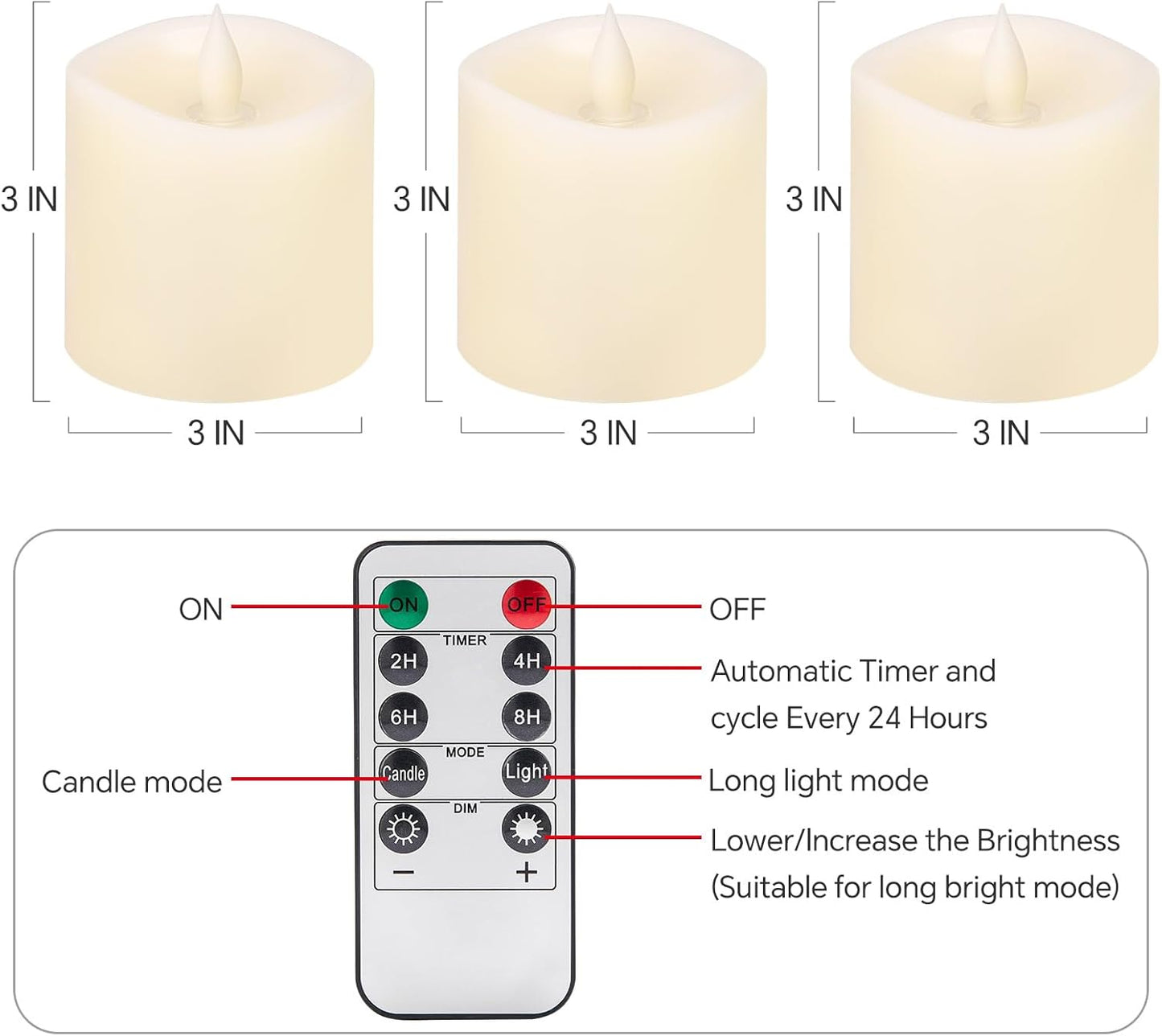 3x4 Flickering Flameless Candles Set of 3,Real Wax Pillar LED Candles,with Timer,4 inch Flameless Candles with Remote,for Party Wedding Holiday Home Decor,Ivory