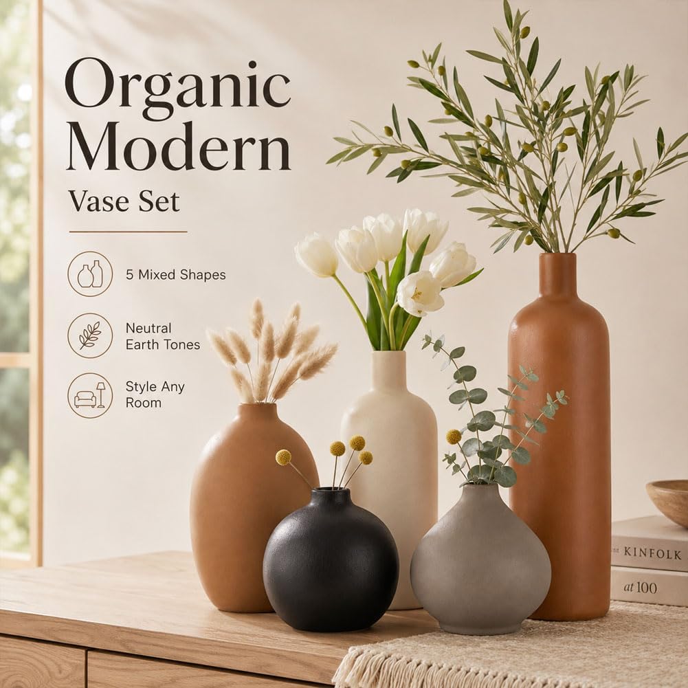 Ceramic Vase Set of 4, Modern Vases Home Decor, Neutral Decorative Vase for Bouquet Pampas Grass Dried Fresh Flowers, Small Vase for Living Room, Kitchen, Bedroom, Bathroom, Entryway Mantel, Decor