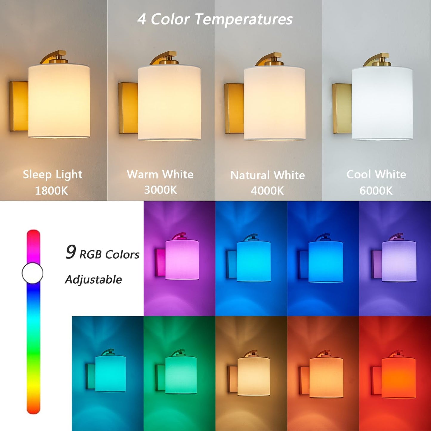 Battery Operated Wall Sconce Set of 2, Brushed Gold Rechargeable Wall Lights with Remote Control and Dimmable LED Bulbs, 13 Light Colors Wireless Wall Lamps for Bedroom Living Room Hallway (Gold)