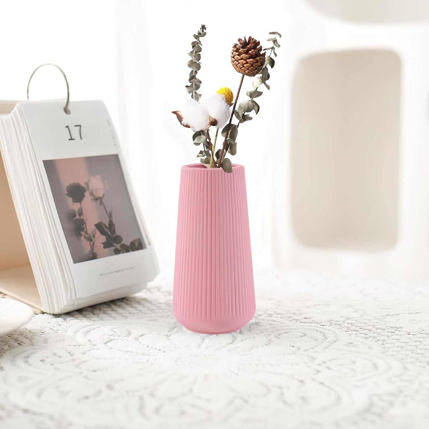 White Ceramic Vase, GUKJOB Small Cute Flower Vase for Pampas Grass, Home, Living Room, Dining Table, Farmhouse, Office Decor, Bedroom, Table, and Kitchen Shelf (White- 2PCS)