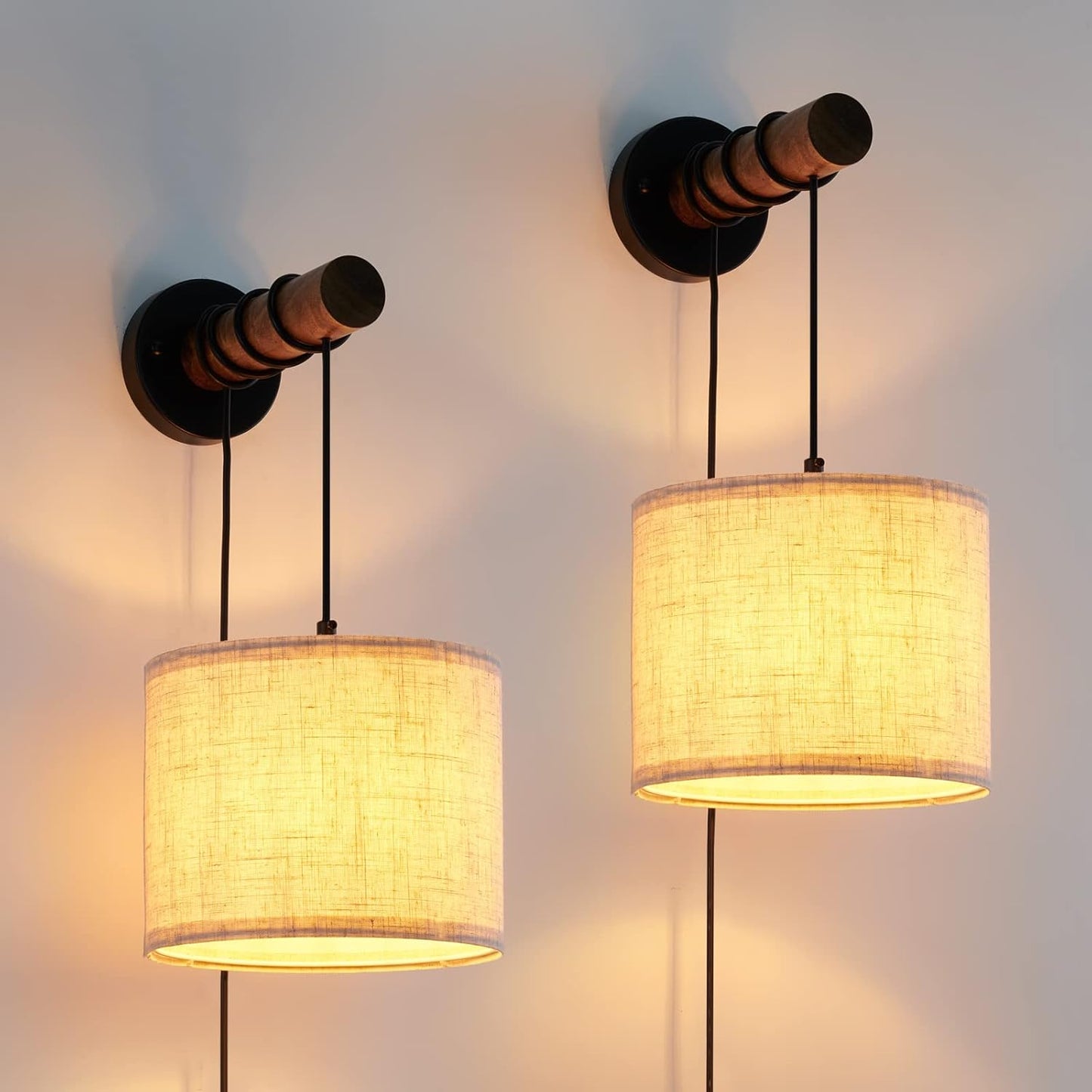 XSDeTu Rechargeable Battery Operated Wall Sconces Set of 2, Modern Battery Powered Wall Light with Wooden Arm & Remote Control, Adjustable 3 Colors Dimmable Wall Lamps for Bedroom, Living Room