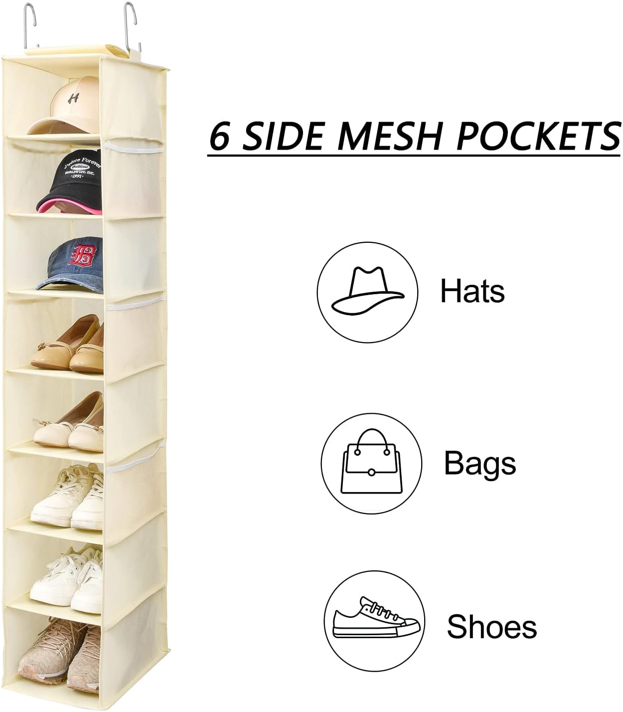 Berdeng Hanging Shoe Organizer for Closet with Side Mesh Pockets，Hat Racks for Baseball Caps，Shoe and Hat Holder & Storage，8-Shelf，Gray，1 Pack