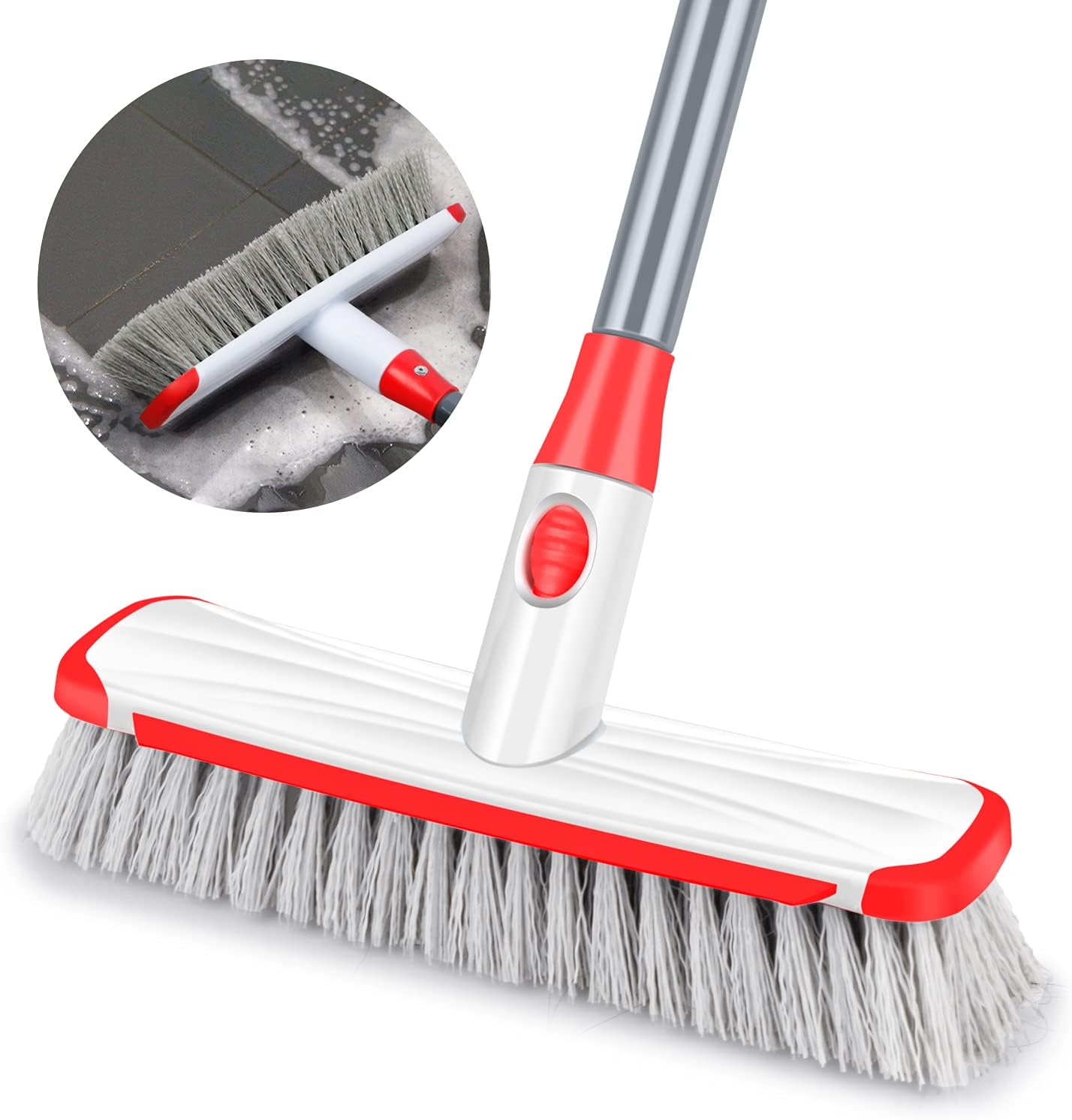 Floor Scrubber with Long Handle, 2 in 1 Scrubbing Brush Stiff Bristle Shower Cleaning Brush for Bathroom, Kitchen, Tub, Carpet, Grout, Tile(Red)