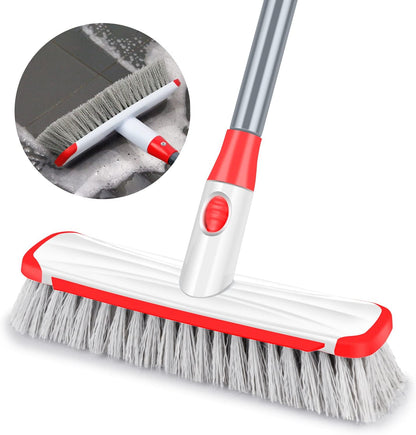Floor Scrubber with Long Handle, 2 in 1 Scrubbing Brush Stiff Bristle Shower Cleaning Brush for Bathroom, Kitchen, Tub, Carpet, Grout, Tile(Red)