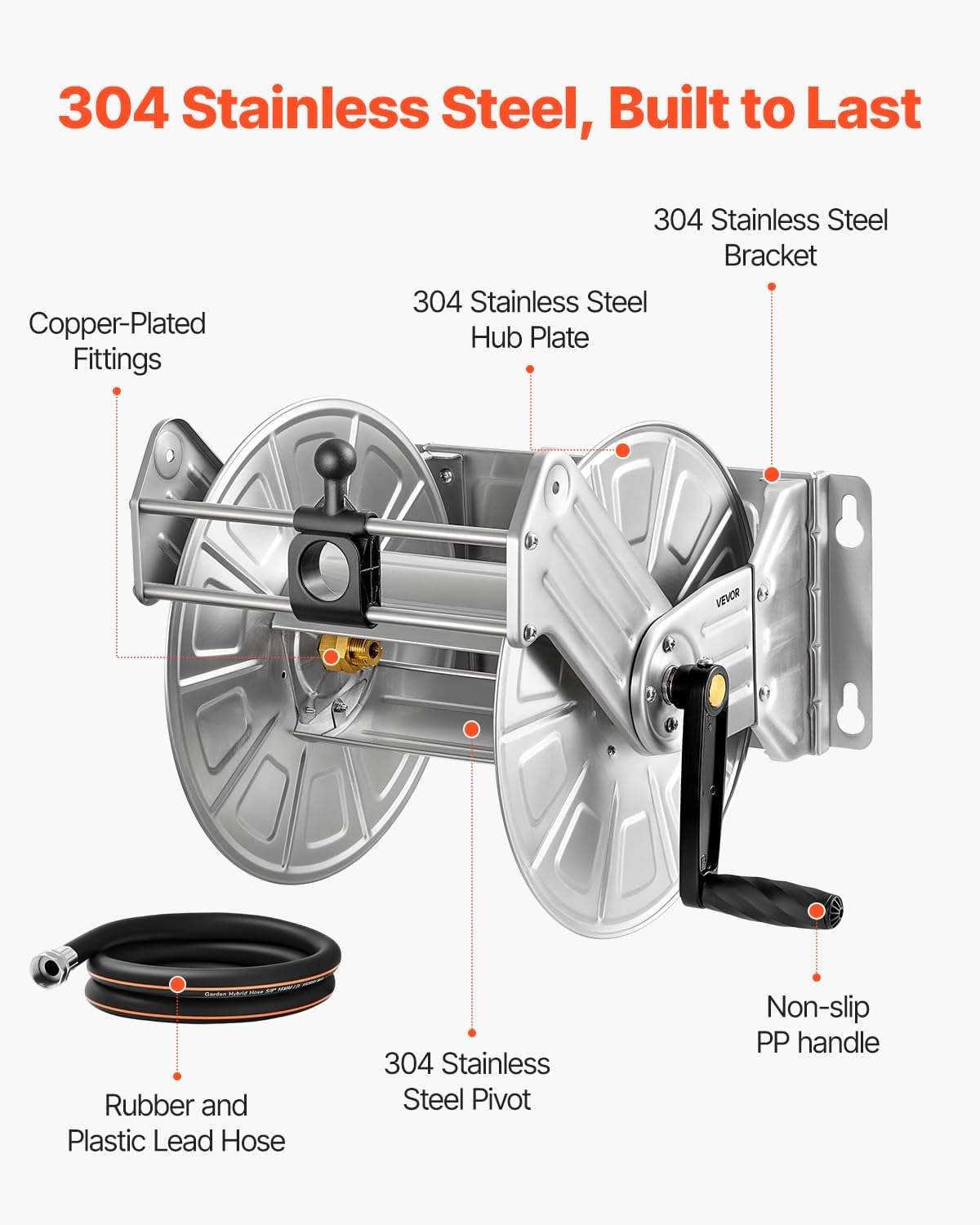 VEVOR Wall Mounted Garden Hose Reel, Holds 125 ft 5/8-inch Hose, Heavy-Duty Water Hose Winder, Space-Saving Design, Outdoor Manual Reel with Brass Fitting and Storage Basket for Yard Lawn