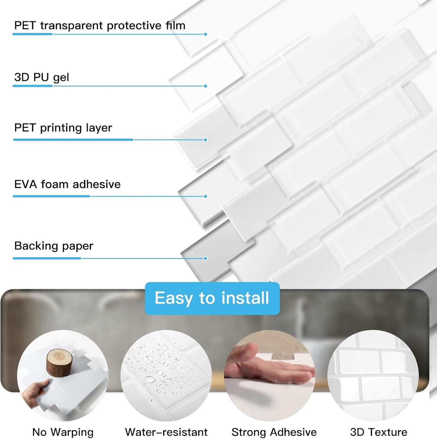 Art3d Peel and Stick Backsplash for Kitchen White Subway (10 Tiles, Thicker Design)