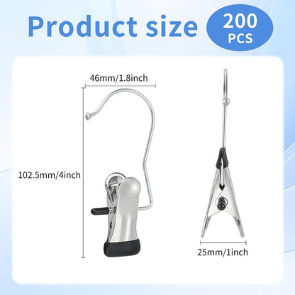 200PCS Boot Hangers Clips for Closet Stainless Steel Clothes Hooks Clip Laundry Hooks Clothes Pins Hanging Clips Portable Clip Hangers Clothespins Hanger for Wardrobe Organization