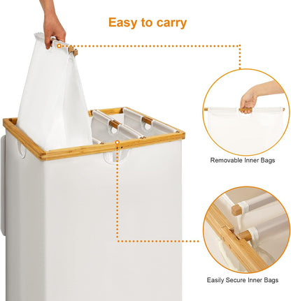WOWLIVE 180L Laundry Hamper 3 Section, Bamboo Laundry Basket with lid, Extra Large Dirty Clothes Hamper with Removable Linner Bags, Laundry Bin Organizer Storage for Dorm Bedroom Bathroom, Beige