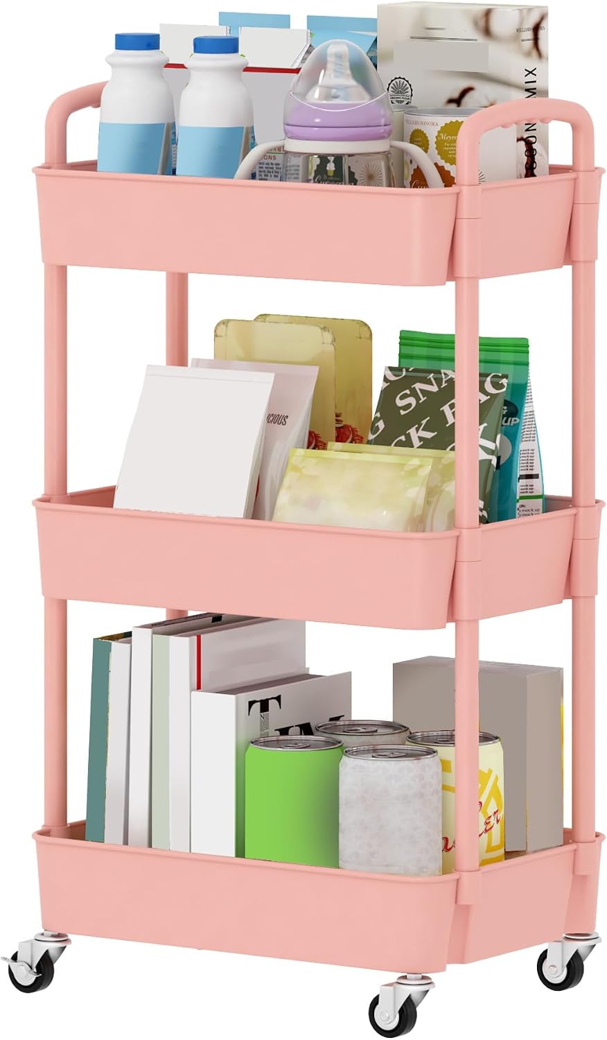 Sywhitta 4-Tier Plastic Rolling Utility Cart with Handle, Multi-Functional Storage Trolley for Office, Living Room, Kitchen, Movable Storage Organizer with Wheels, Black