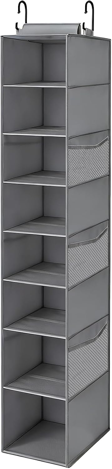 Hanging Shoe Organizer for Closet with 8 Shelves,Mesh Pockets-Wider Hanging Shelves for Shoes,Clothes,Hats with Sturdy Bamboo-Supported Design (Beige)
