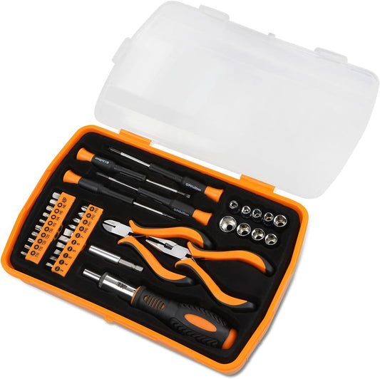 Auto Dynasty Tool Kit for Home 37Pcs, Home Repair Tool with Precision Screwdriver Socket and Ratchet Bit Driver Tool Set, All in One Plastic Storage Case for Garage, Warehouse, Auto Repair (Orange)