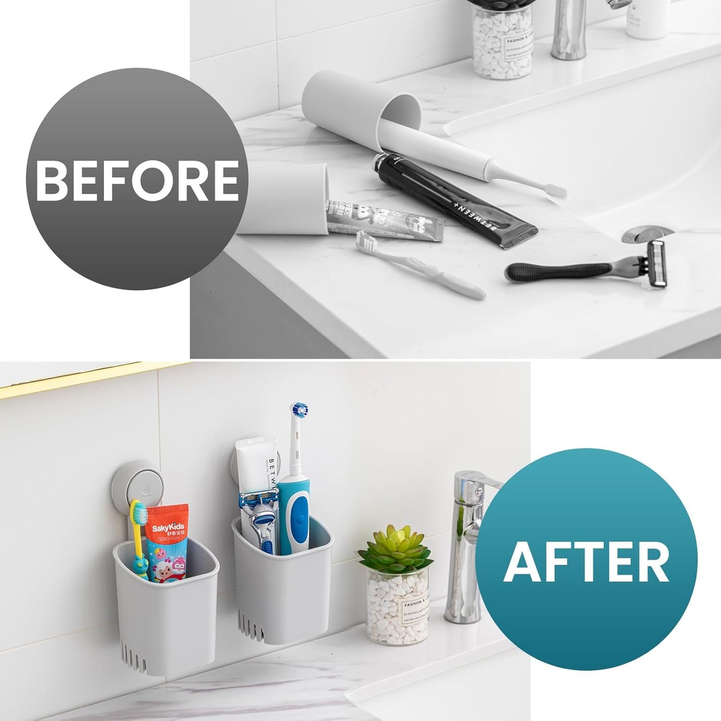TAILI Upgraded Bathroom Mirror Suction Cup Toothbrush Holder with Razor Hook, Visible Safety Indicator, Large Capacity Inverted Trapezoid Design, Removable Shower Caddy for Toothbrush, Toothpaste, etc