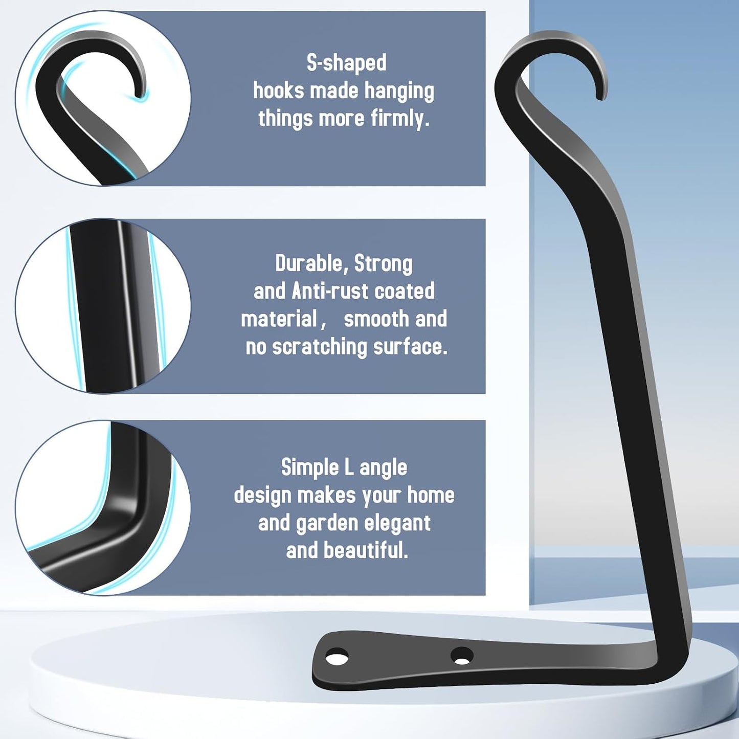 FEED GARDEN Heavy Duty Plant Hangers Outdoor Indoor, 8 Inch 2 Pack Metal Hanging Bracket Holds Up to 44 lbs, Wall Brackets for Hanging Baskets, Bird Feeders,Wind Chime& Lanterns, Black