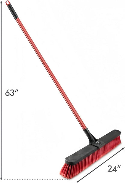 24-Inch Push Broom with 59" Metal Handle, Heavy-Duty Outdoor Broom with Stiff Flagged Bristles for Garage, Driveway & Patio