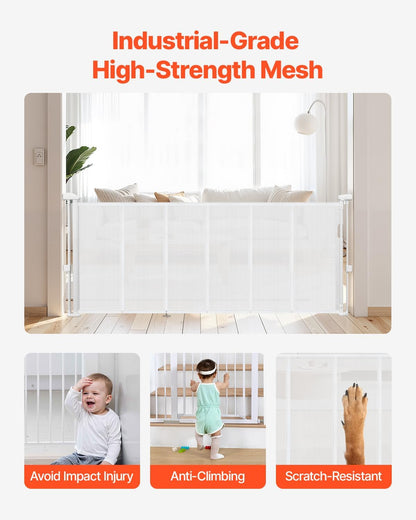 VEVOR Retractable Baby Gate, 34 inch Tall, Extends up to 71 inch Wide, Retractable Gate for Kids or Pets, Mesh Material, Easy to Install for Indoor Stairs, Doorways, Hallways, Playrooms, Gray